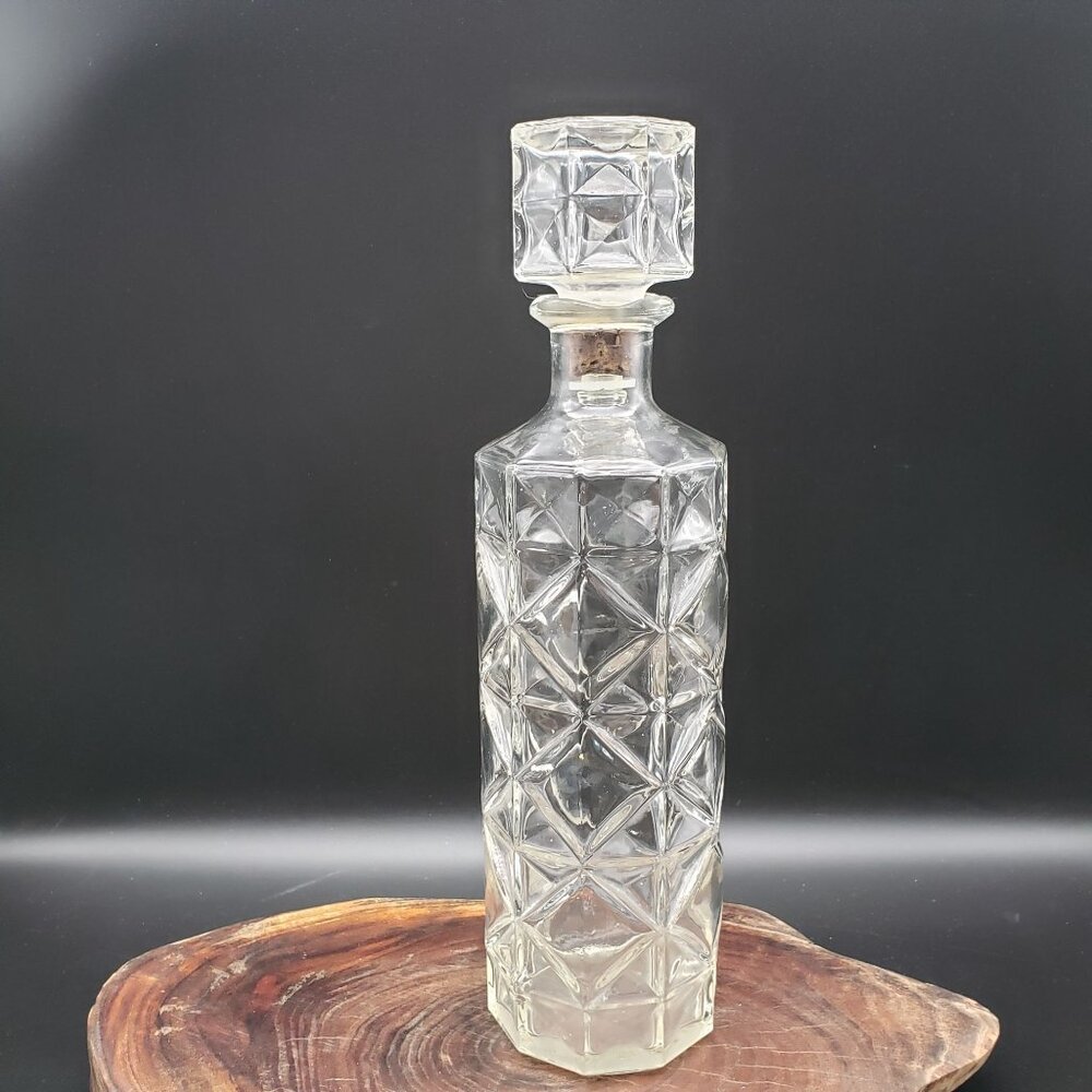 Vintage Pressed Glass Liquor Decanter w Stopper Geometric Pattern 11.5"